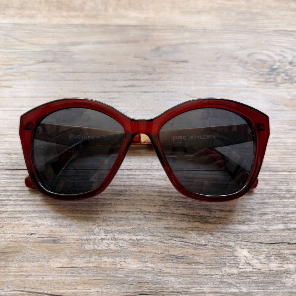 Pugs Cat Eye Sunglasses Burgundy Red & Gold Fashion Retro Oversized Shades